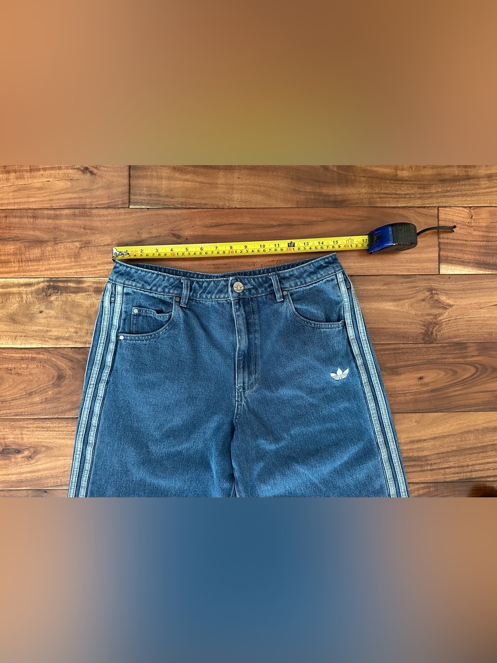 Adidas Originals 3 Stripe Denim Jeans Wide Leg Blue Size M 28” - Picture 4 of 7